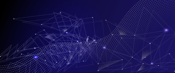 Abstract digital network with interconnected lines and dots on a deep blue background