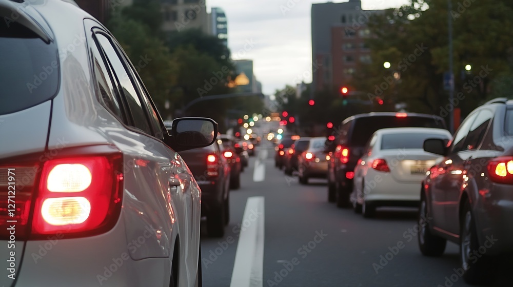 Poster bumper to bumper traffic on a busy city street during twilight highlighting urban congestion and com