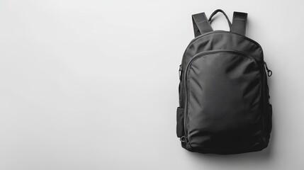 Fototapeta premium Black Backpack on White Background Top View with Generous Copy Space
