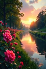 Riverbank lined with blooming roses as sunset approaches, landscape, nature