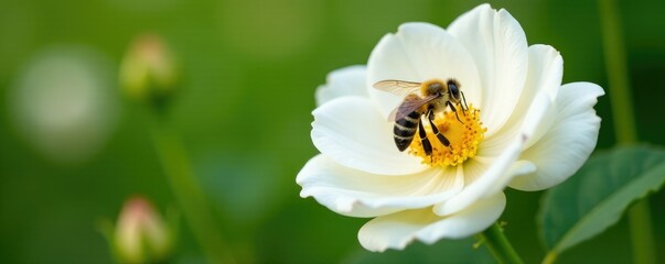 A wild bee landing on a pure white rose flower, insect, nature