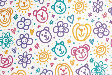 Fototapeta premium Cute kids' drawing pattern of bears, flowers, and suns on white background