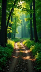 Obraz premium A winding dirt road through the heart of the forest, forest path, foliage, peaceful atmosphere