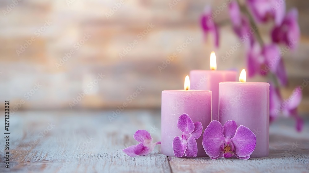 Leinwandbilder serene ambiance with pink candles and vibrant orchids creating a calming atmosphere : generative ai