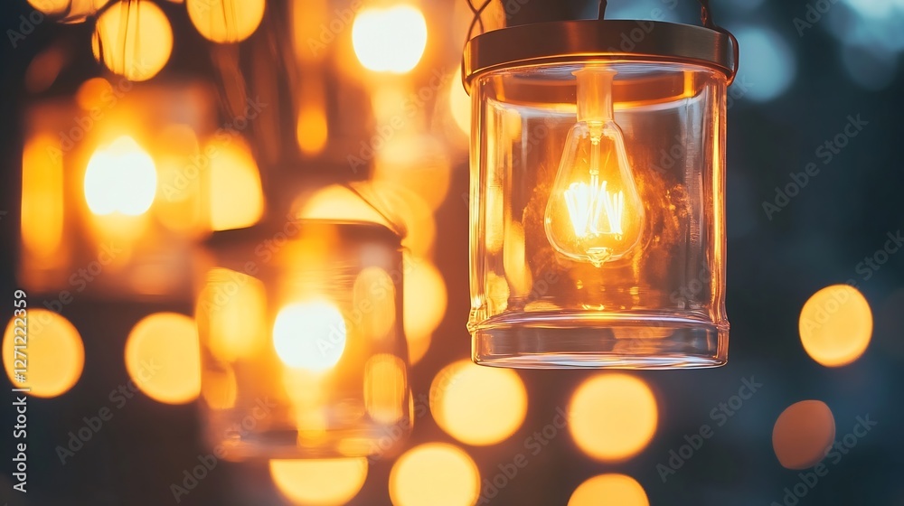 Poster Beautiful pendant lights glowing softly in a dark setting creating warm atmosphere for cozy evenings : Generative AI