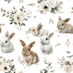 Seamless pattern with various rabbits and floral ornaments in soft muted earthy colors