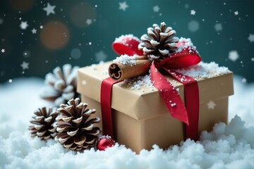 Pinecones and cinnamon sticks adorn wrapped gift, winter, snowy