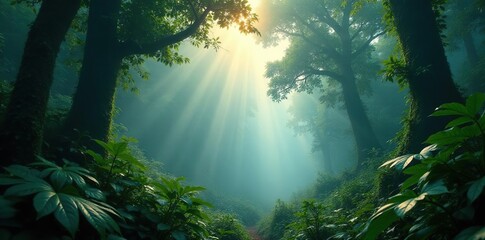 Rainforest canopy veiled in early morning fog, leaves, forest, nature