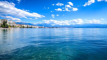 Obraz premium Panoramic view of a serene lake reflecting clouds and mountains under a bright sky : Generative AI