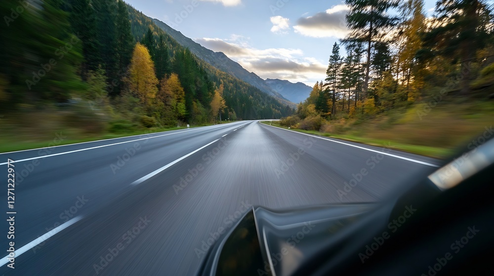 Poster Dynamic view of a winding road surrounded by forests captured in motion as a car drives : Generative AI