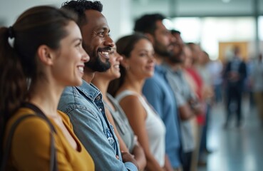 Diverse group of people stand in line, waiting. Smiling hopeful faces, multiracial applicants, economic recovery, employment opportunity, networking, manpower, skills, career perspectives. Background