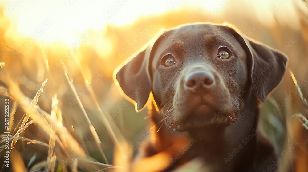 Poster thoughtful chocolate lab gazes at the camera in sunlit field : generative ai
