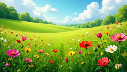 Colorful wildflowers blooming in a lush green field, countryside, flowers