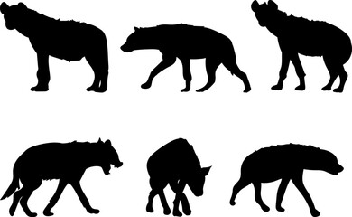 jackals, hyenas in different poses set black silhouette, vector