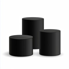 A realistic illustration of three black cylindrical podiums of varying heights, matte finish, arranged on white background, minimalist and modern design.