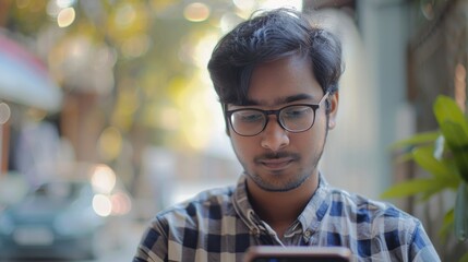 A young man wearing glasses intently checks his smartphone while sitting outdoors. The background shows a lively street scene with blurred figures and greenery.