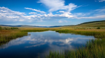 Fototapeta premium Lush landscape featuring a tranquil water body reflecting the vibrant blue sky and rolling hills : Generative AI
