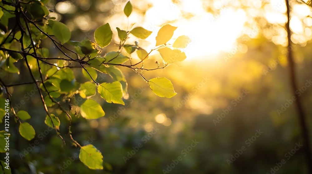 Aufkleber Sunlight Filtering Through Green Leaves in Nature Creating a Peaceful Atmosphere : Generative AI