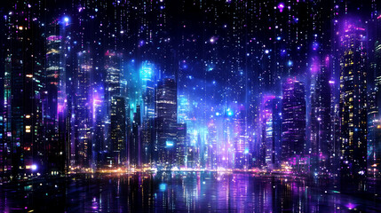 Fototapeta premium Futuristic Cityscape with Glowing Buildings and Starry Overlay Dreamlike Night Scene Ambiance