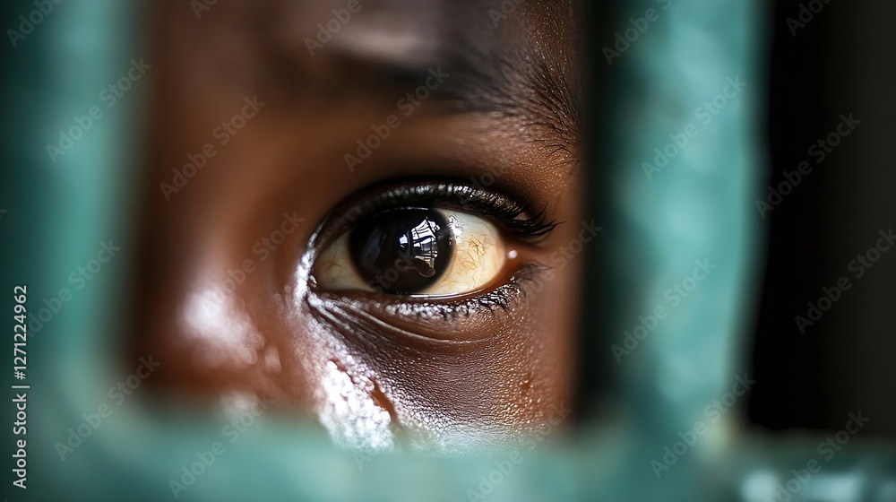 Aufkleber close up of a child's eye peering through a barrier reflecting emotions and dreams of freedom : gene