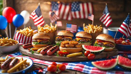 A hamburger adorned with an American flag sits next to a slice of watermelon, symbolizing a festive summer mea