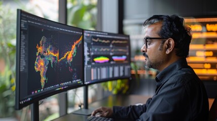 A professional studies complex data visualizations displayed on two large screens in a contemporary office setting. Lush greenery is visible in the background.