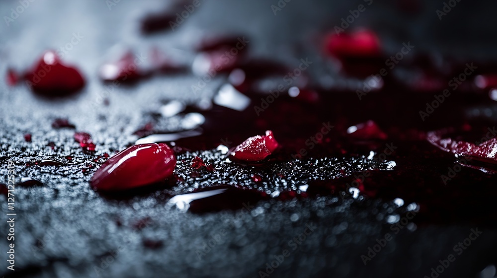 Poster Glistening red liquid droplets scattered across a textured dark surface creating an intense dramatic scene : Generative AI