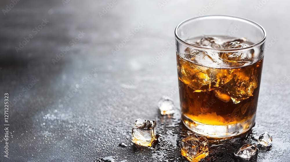 Poster glass of amber whiskey with ice on dark textured surface : generative ai