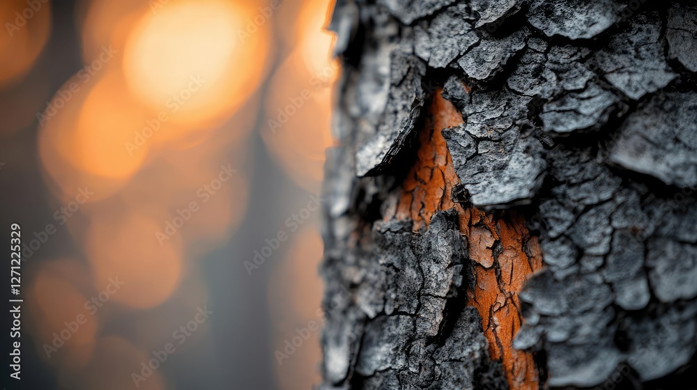 Aufkleber acid rain climate change concept. close-up view of textured tree bark with warm background bokeh eff