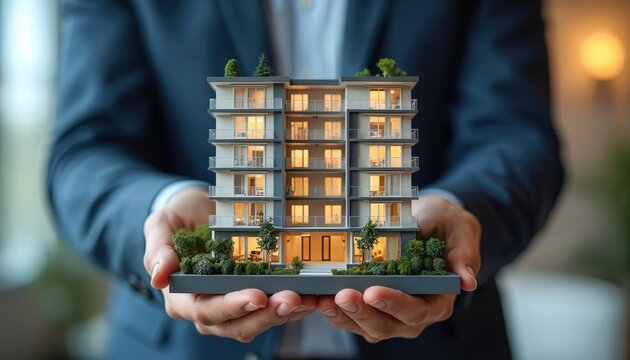 Businessman holds modern condo model in hands. Concept of property investment, ownership. Realtor offer new apartment in mortgage, loan. Real estate agent protect property by insurance policy.
