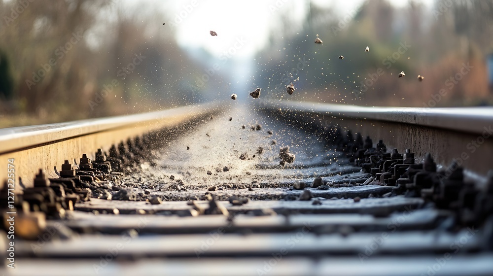 Poster dramatic view of train tracks with debris being kicked up in the serene countryside : generative ai