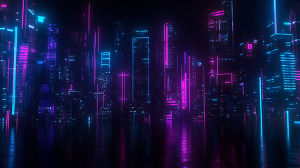 Futuristic Cyberpunk Cityscape with Neon Lights and Reflections at Night in Deep Hues Vapowrave