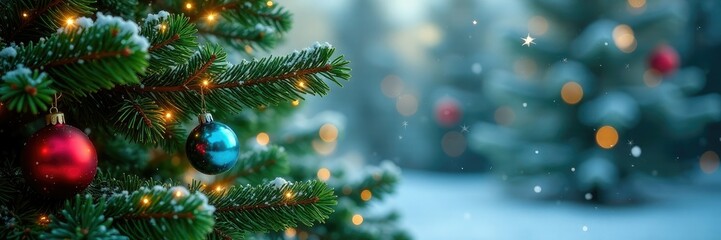 Evergreen fir tree branches adorned with sparkling snowflakes and colorful ornaments, winter, greenery, festive