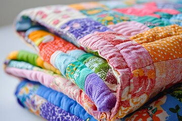 Fototapeta premium Colorful Patchwork Quilt Stacked on Light Background for Cozy Vibe