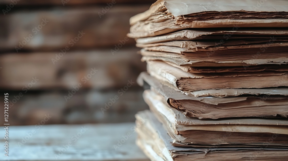 Aufkleber aged and worn stack of old books with pages yellowed over time in rustic setting : generative ai