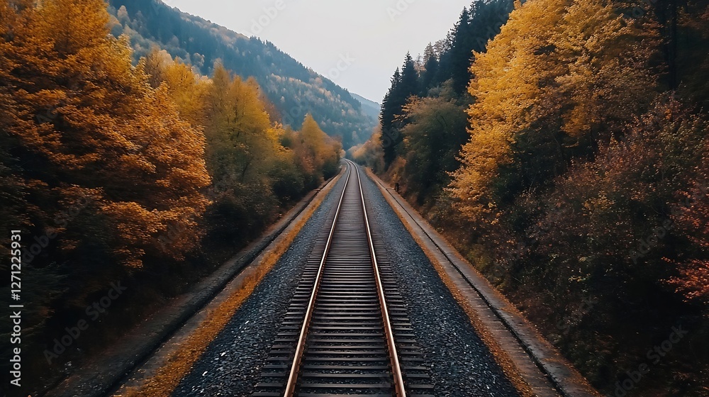 Poster autumn landscape with railway tracks surrounded by vibrant foliage in a serene setting : generative 