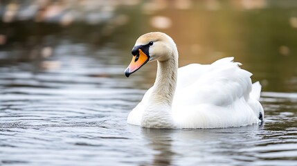 Fototapeta premium Graceful swan swimming serenely in calm waters surrounded by a tranquil environment : Generative AI