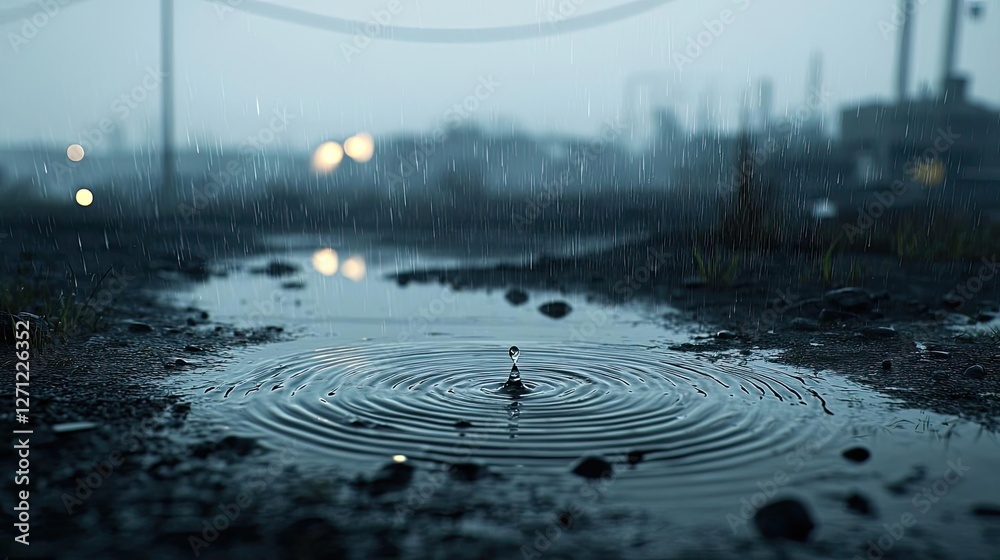 Poster acid rain climate change concept. raindrops create ripples in a puddle on a gloomy, overcast day.