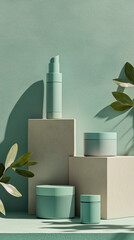 detailed close up of skincare product lineup featuring various containers in soothing mint green tones, elegantly arranged with leaves for fresh aesthetic