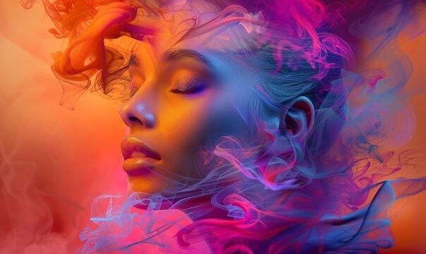 A woman's face is shown in a colorful, smokey background