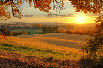 Golden Autumn Sunset Over a Scenic Countryside Field with Vibrant Foliage and Rolling Hills