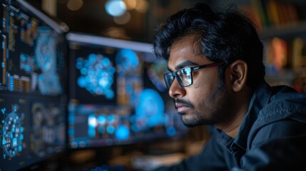 A young male professional is intently working on several computer screens in a modern tech office during the evening hours, engaged in data analysis and coding.