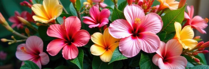 Hibiscus and plumeria flowers in a floral basket, tropical, colorful, arrangement