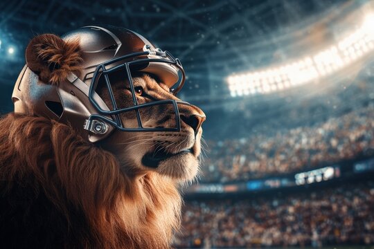 Lion wearing football helmet in stadium under bright lights