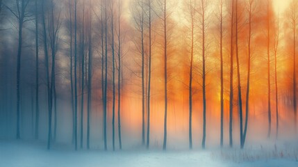Misty winter forest at sunrise with golden light filtering through bare trees © saicle