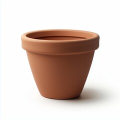 A realistic terracotta clay flower pot with a smooth surface, tapered shape, and rolled rim, isolated on a clean white background with perfect lighting.