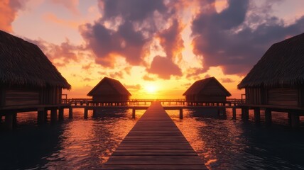 Obraz premium A serene sunset view over water, featuring wooden huts and a walkway leading into the horizon, creating a tranquil atmosphere.
