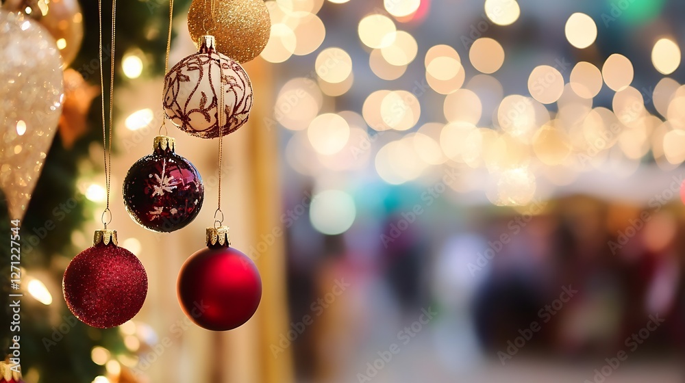 Poster elegant christmas ornaments hanging on a beautifully decorated tree with soft bokeh lights : generat