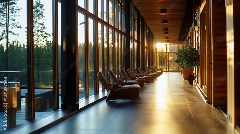Poster modern calm interior of a relaxing spa retreat with elegant chairs and warm natural light filtering 
