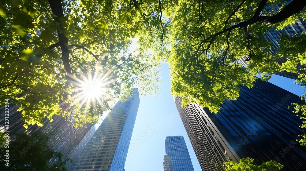 Aufkleber majestic view of skyscrapers framed by sunlit trees in a vibrant urban setting : generative ai